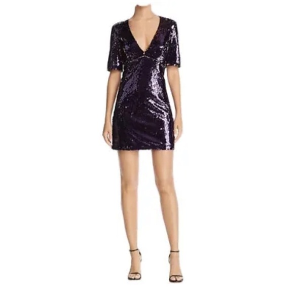 Bardot Sequin Micro Mini Dress Womens 4 Purple Short Sleeve V Neck Back Zip NWT - Picture 1 of 6